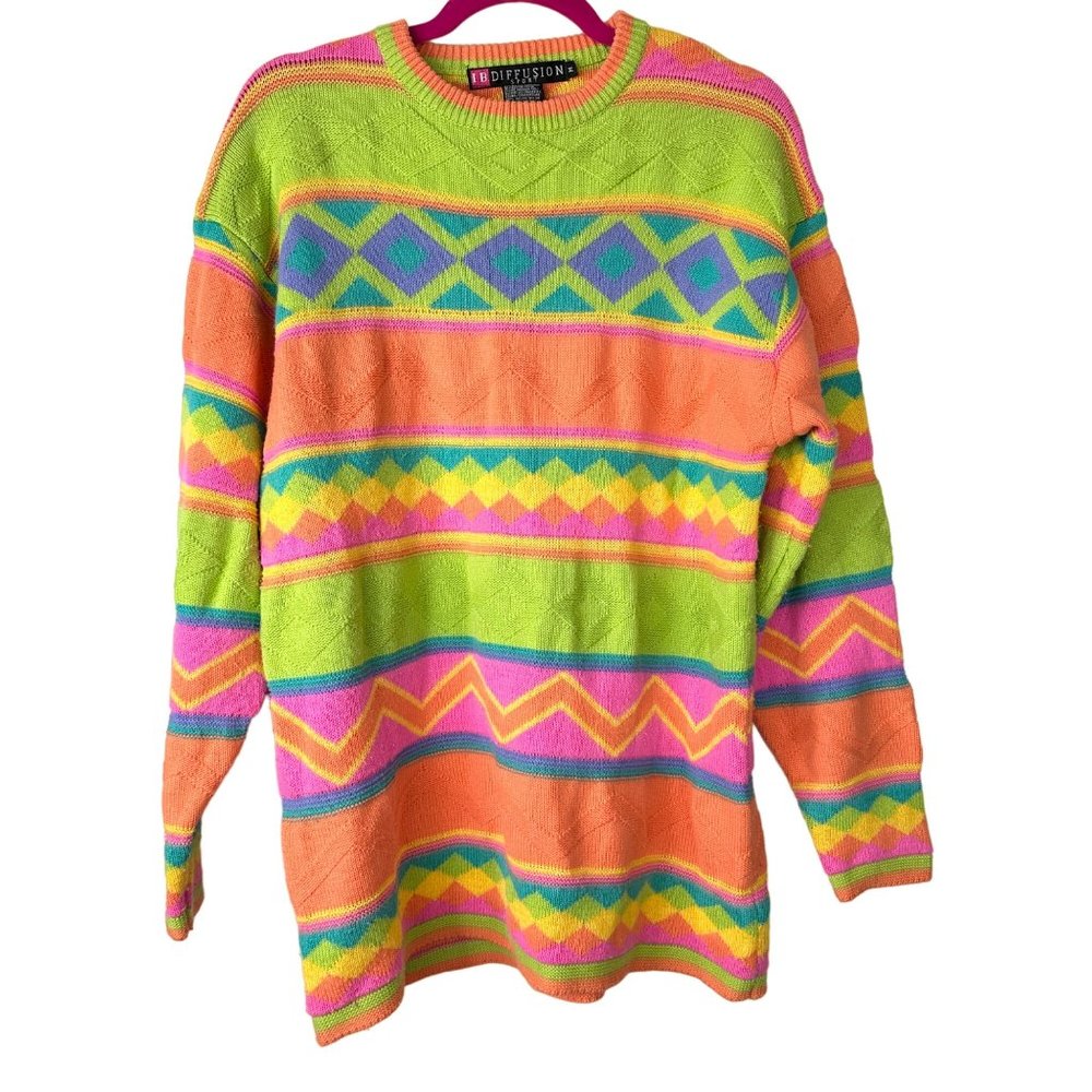 IB Diffusion Sport Sweater Womens Medium Patterned Neon Pink Fair Isle Vintage